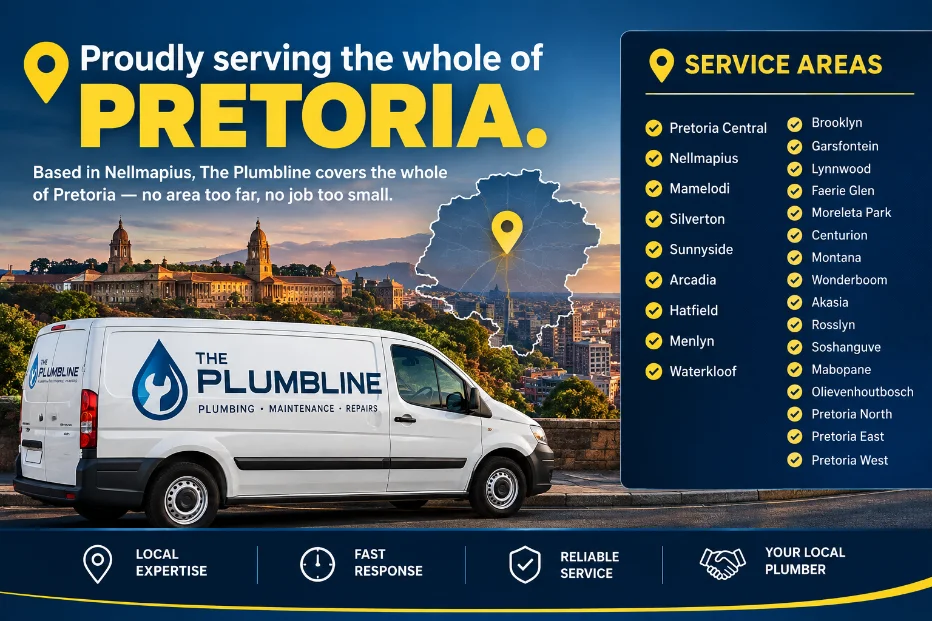 The Plumbline service area across Pretoria, with service locations and branded van