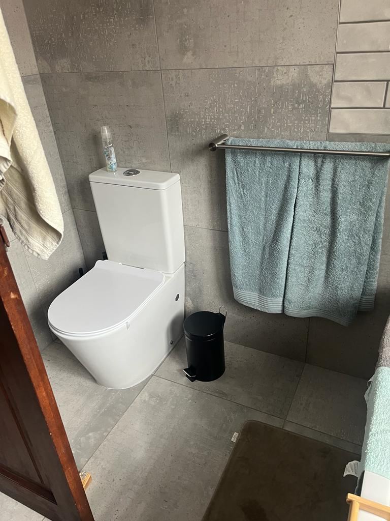 Grey-tiled guest bathroom with newly installed toilet suite
