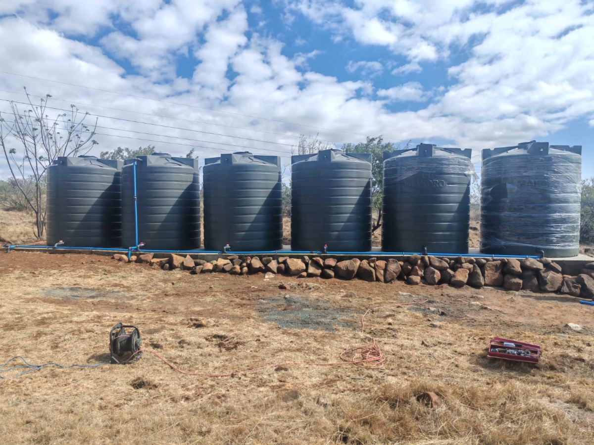 Bank of six water storage tanks installed and manifolded in Pretoria